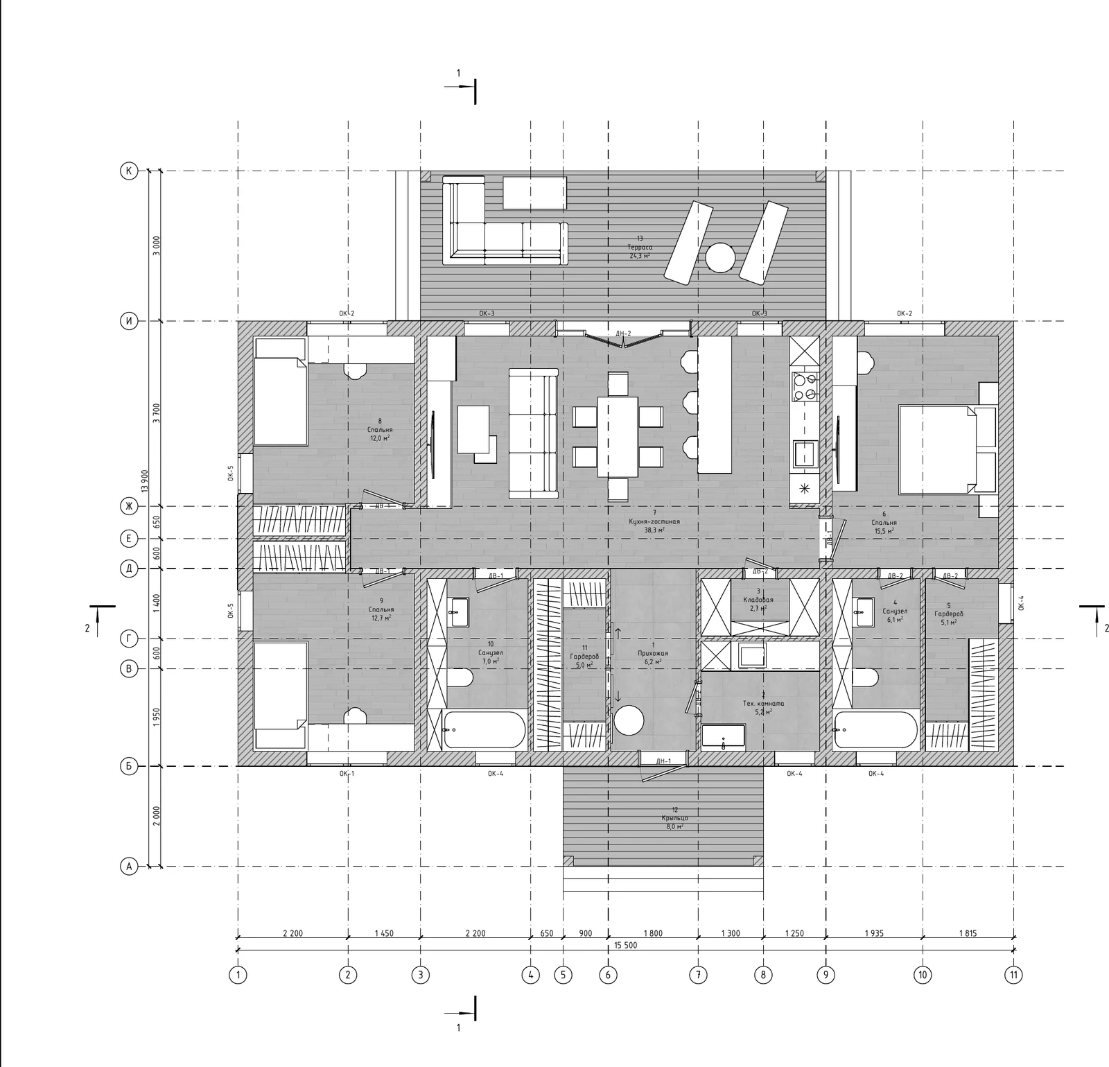 План дома 152 м²: три спальни, кухня-гостиная 38,3 м², два санузла, два гардероба, кладовая