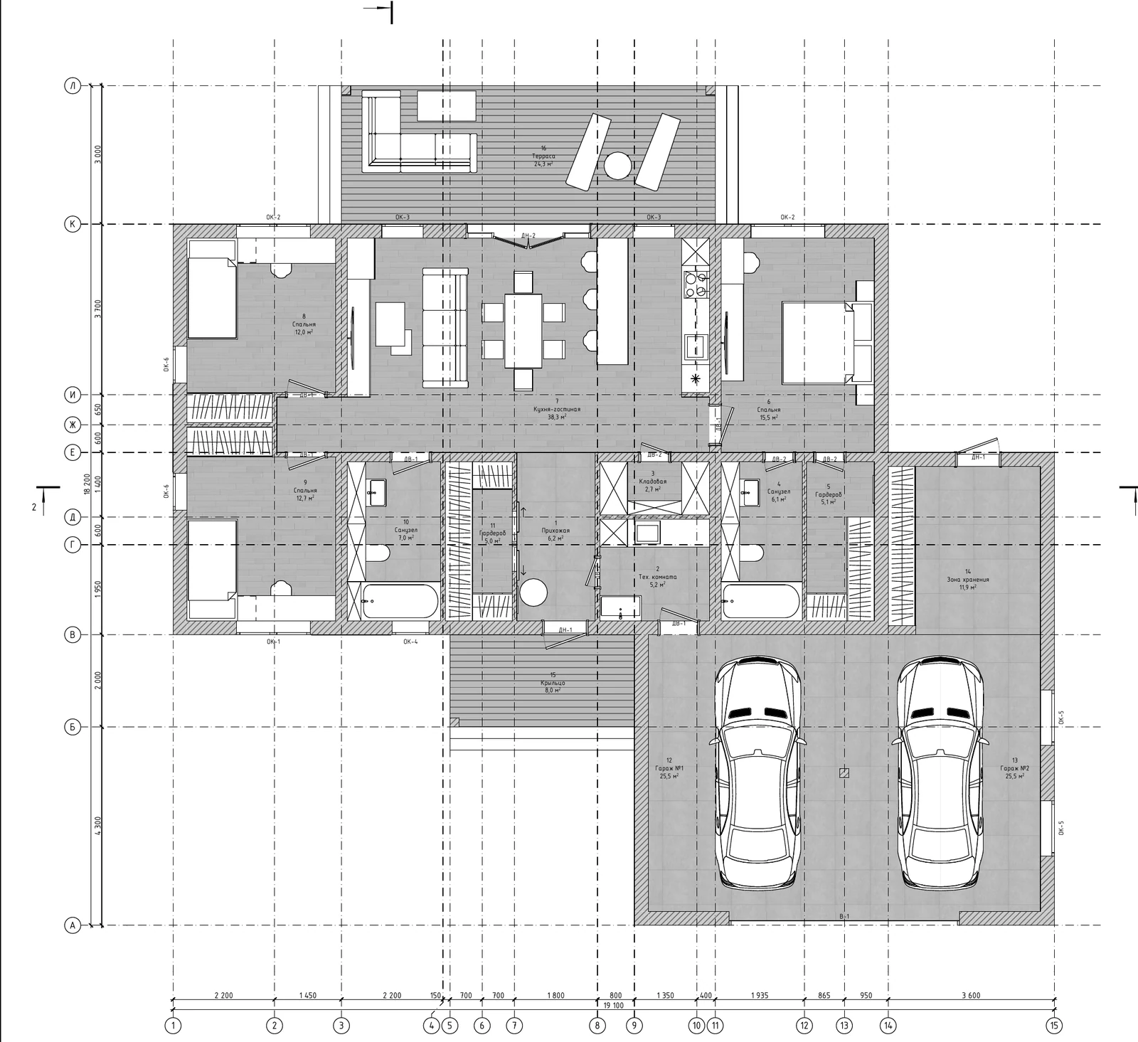 План дома 211 м²: три спальни, кухня-гостиная 38,3 м², гараж на две машины, зона хранения